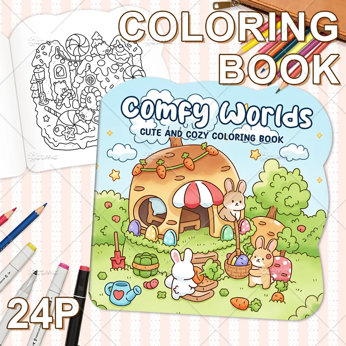24 Pages Comfy Worlds Coloring Book for Adult | Colouring Book for Stress Relief, Birthday Day Gift, Back to School Supplies ﻿