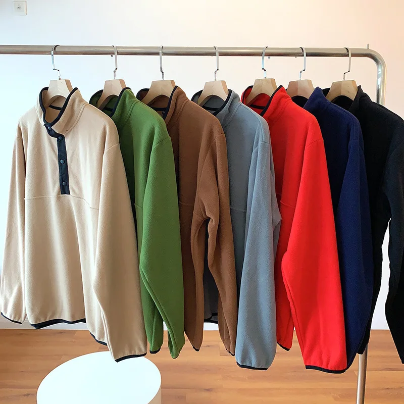 Men Fleece Pullover Half Button Sweatshirt Stand Collar Warm Outdoor Top for Winter Camping Hiking Daily