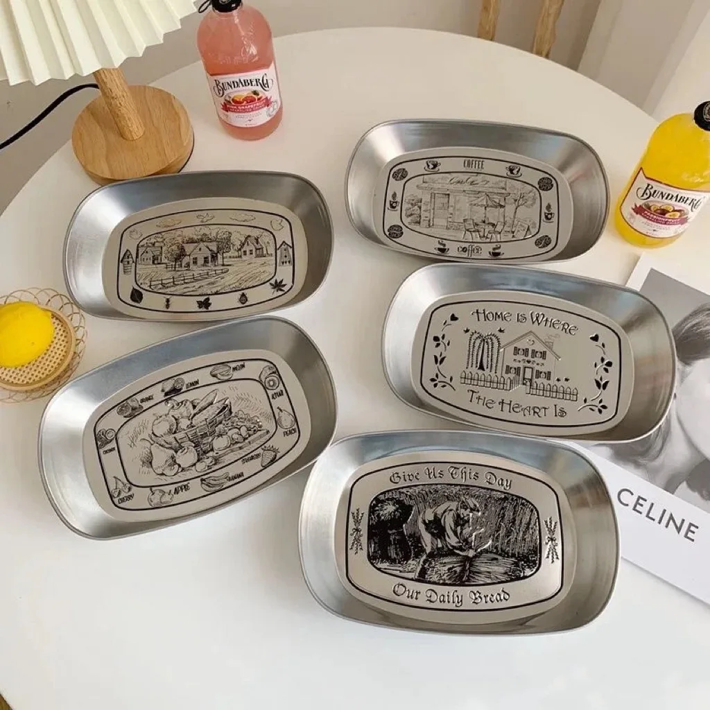 Vintage American Style Tin Tray, Stainless Steel Food Plate, Snack Fruit Serving Dish, Picnic & Coffee Table Storage Tray