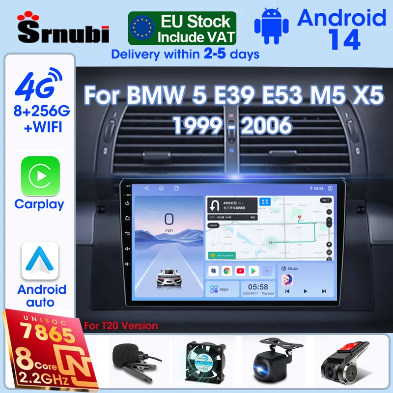 Autoradio Srnubi Android 14 pour BMW 5 E39 E53 M5 X5 1999-2006, lecteur multimédia 2Din, Carplay, système intelligent, Wifi, stéréo