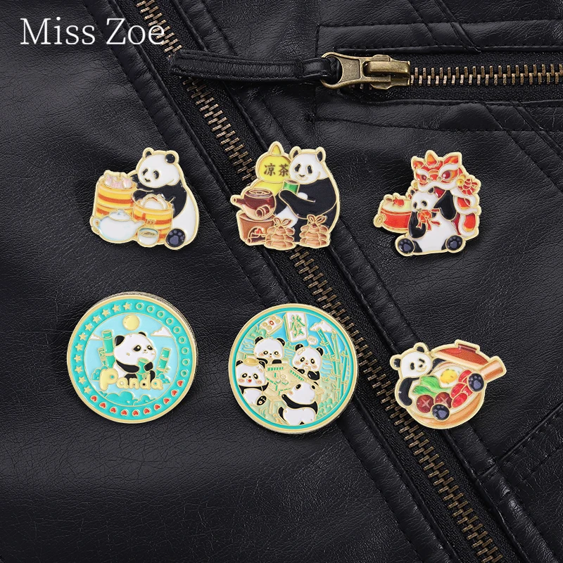 

Pandas Eating Hotpot Tea And Bamboo Pins Cute And Charming Pandas Brooches Lapel Backpack Badge Loved Jewelry Gifts For Friends