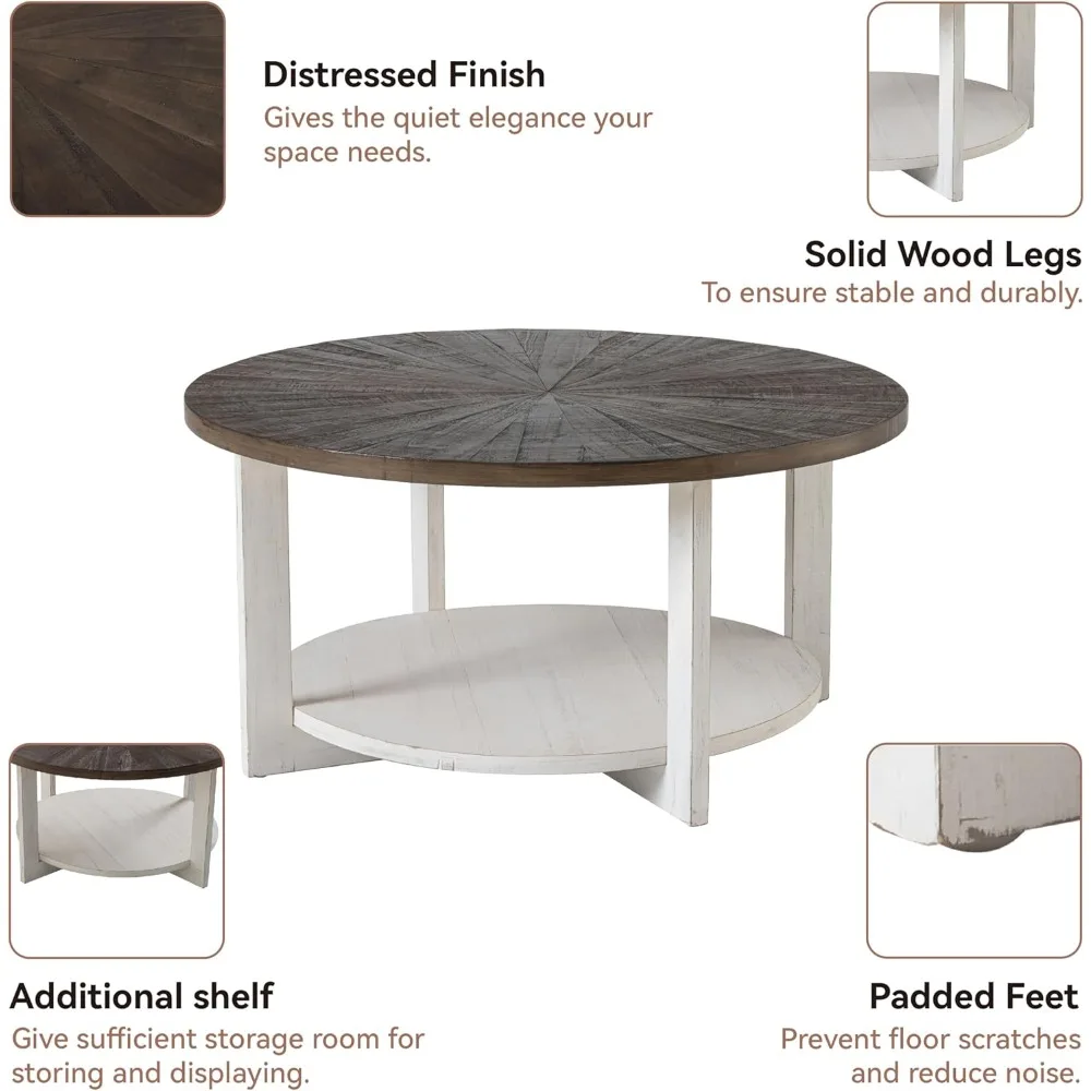 Mesas de centro redondas de madera con almacenamiento, mesa de centro rústica de granja con tapa de madera desgastada, mesa circular grande para sala de estar
