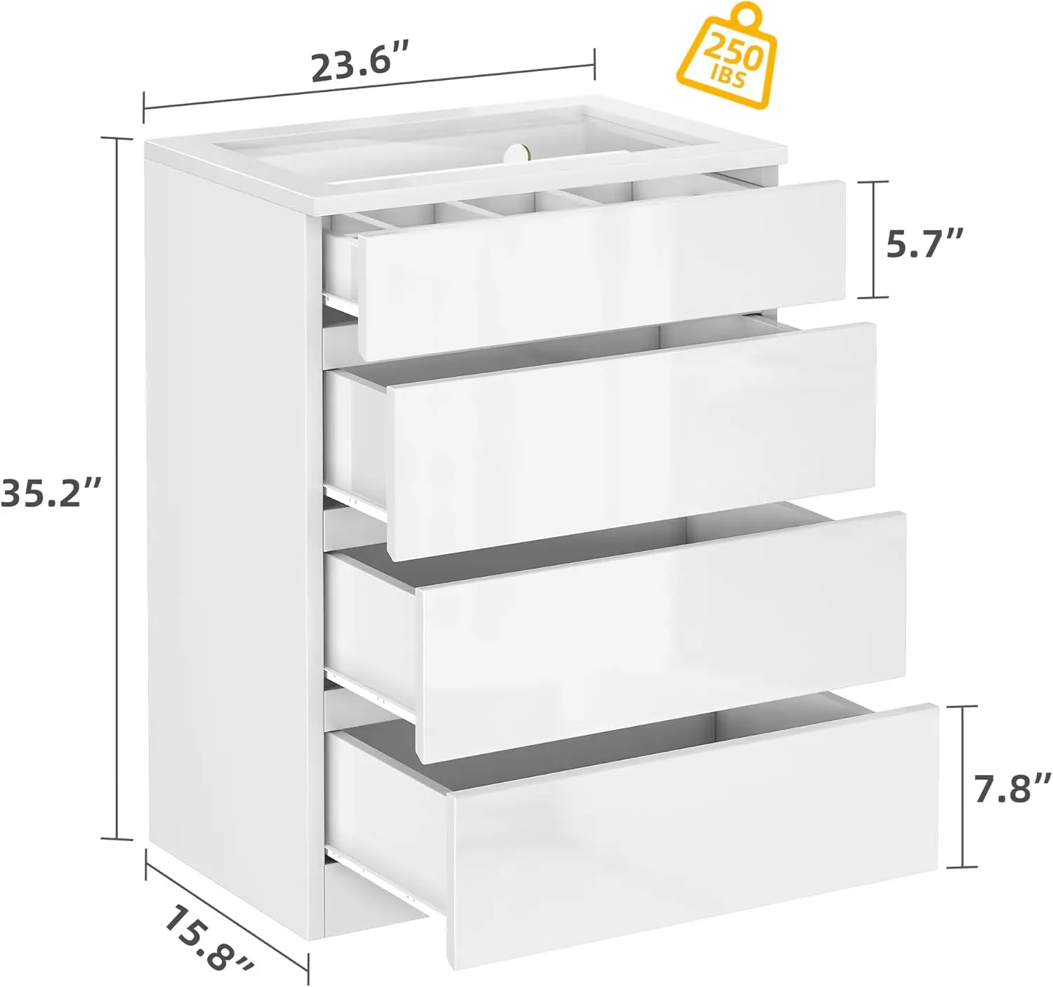 4 Drawer Dresser with LED,Modern 4 Chest of Drawers with Deep Drawers Tempered Glass Top High Gloss Surface, Divider Storage