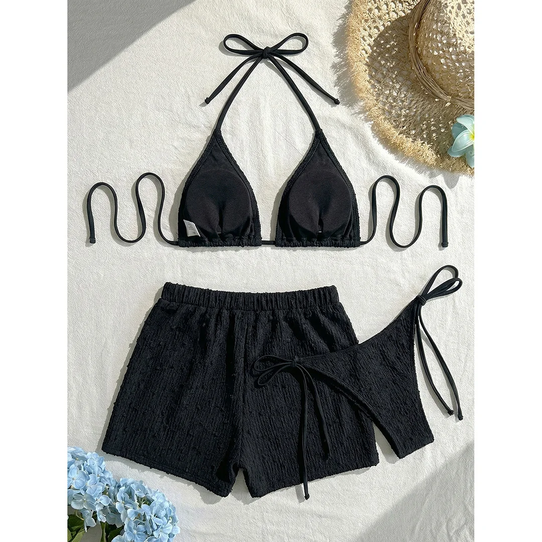 4 Farben, verführerischer Bikini mit Trägerdesign, Damen-Badeanzug, dreiteiliges Bikini-Set mit Shorts, Damen-Badebekleidung, Badeanzug, Schwimmbekleidung V7843W. – Detail 13
