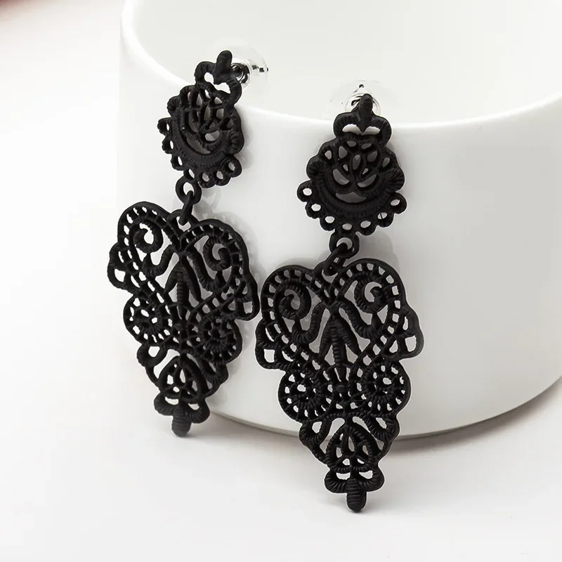 Vintage Punk Black Color Flower Drop Earrings For Women Exaggerated Gothic Geometric Butterfly Heart Wings Earring Party Jewelry
