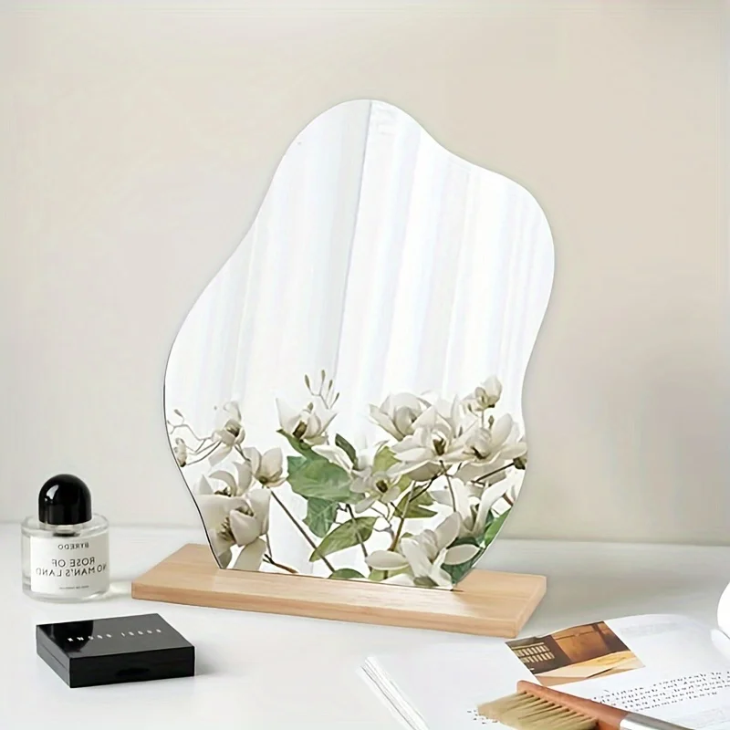 1PC Regular Aesthetic Vanity Acrylic Mirror Frameless, Cloud Shape Decorative Desk Tabletop Mirrors with Wooden Stand for Decor