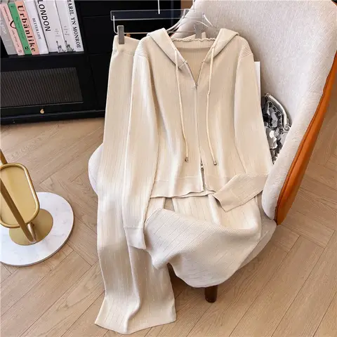 Plus Size Plus Size Casual Knitted Set Wide Leg Pants Sporty Two Piece Suit Autumn Fashion Street Style for plus Size Women