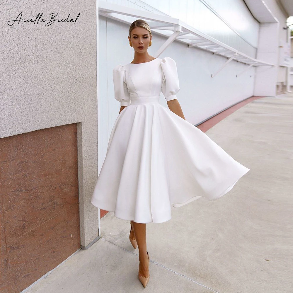 Arietta Modern Satin Short Wedding Dresses O-Neck Knee-Length Civil Bride Dresses Puff Sleeves Keyhole Back A-Line Bridal Gowns