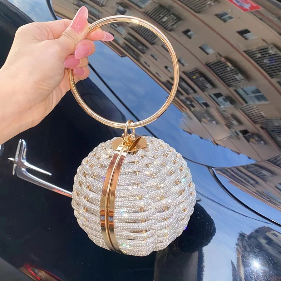 Rhinestone Round Evening Handbag Women Boutique Circular Ball Shape Woven Diamond Clutch Purses Shiny Hollow Chain Crossbody Bag