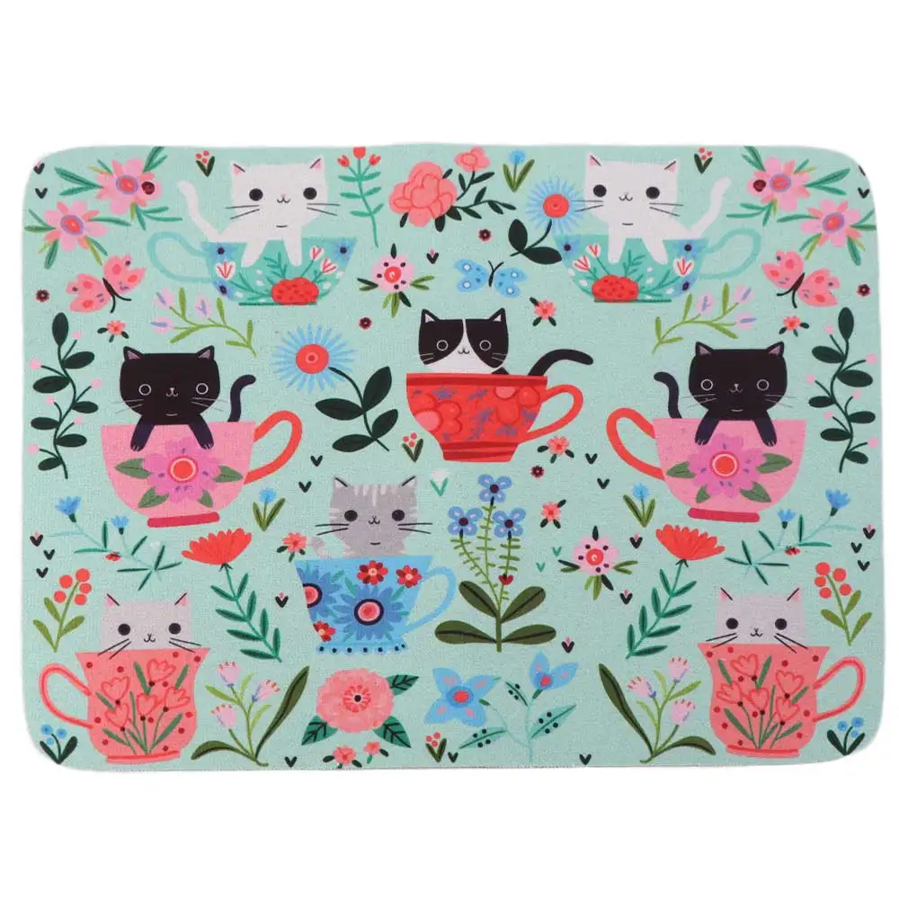 Household Cat Floral Coffee Machine Mat Anti-Slip Sweet Dish Drying Mat Rectangular Absorbent Heat-resistant Pad Tableware