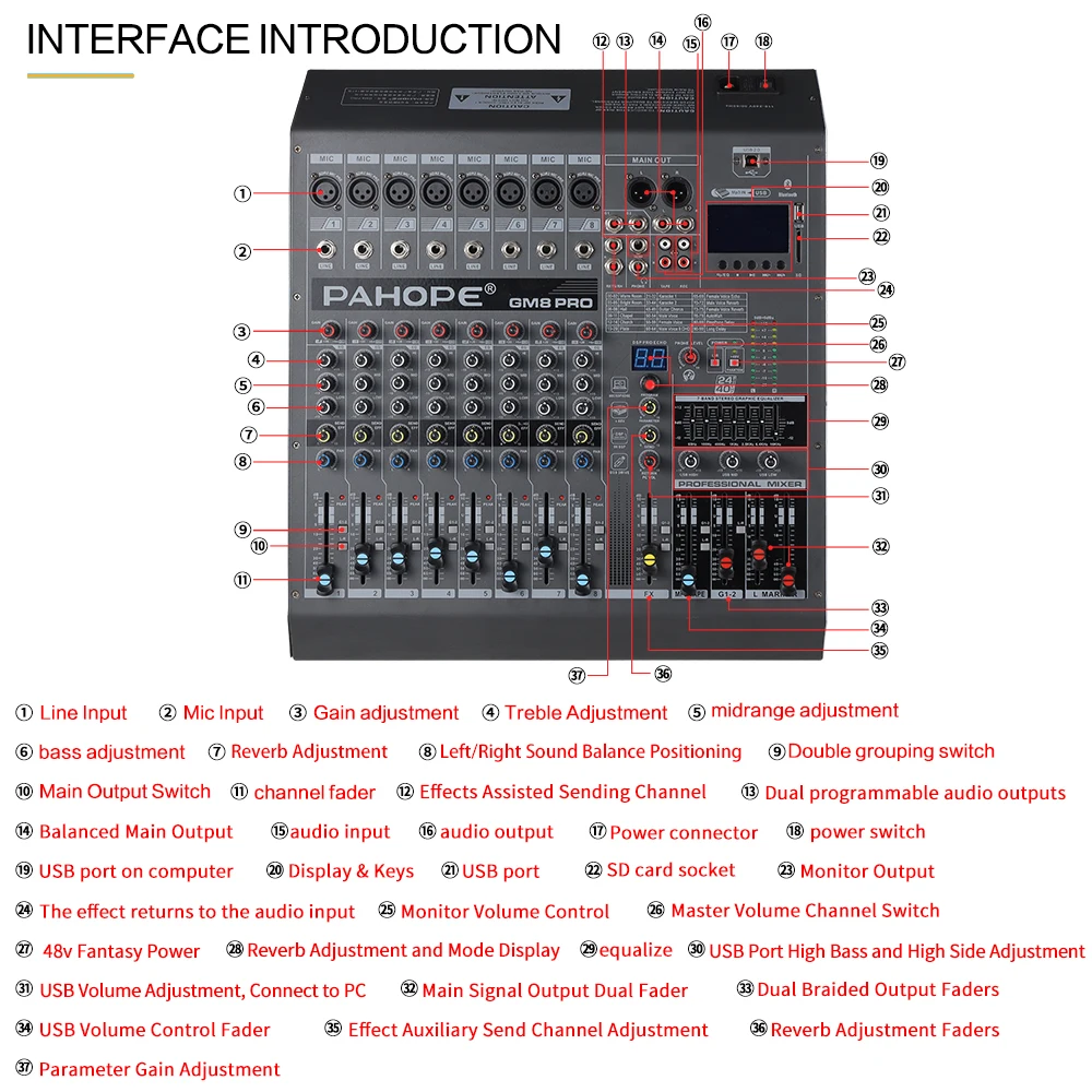 

Professional 8-channel mixer party room meeting room and karaoke audio processor mixing with BT recording and monitoring support