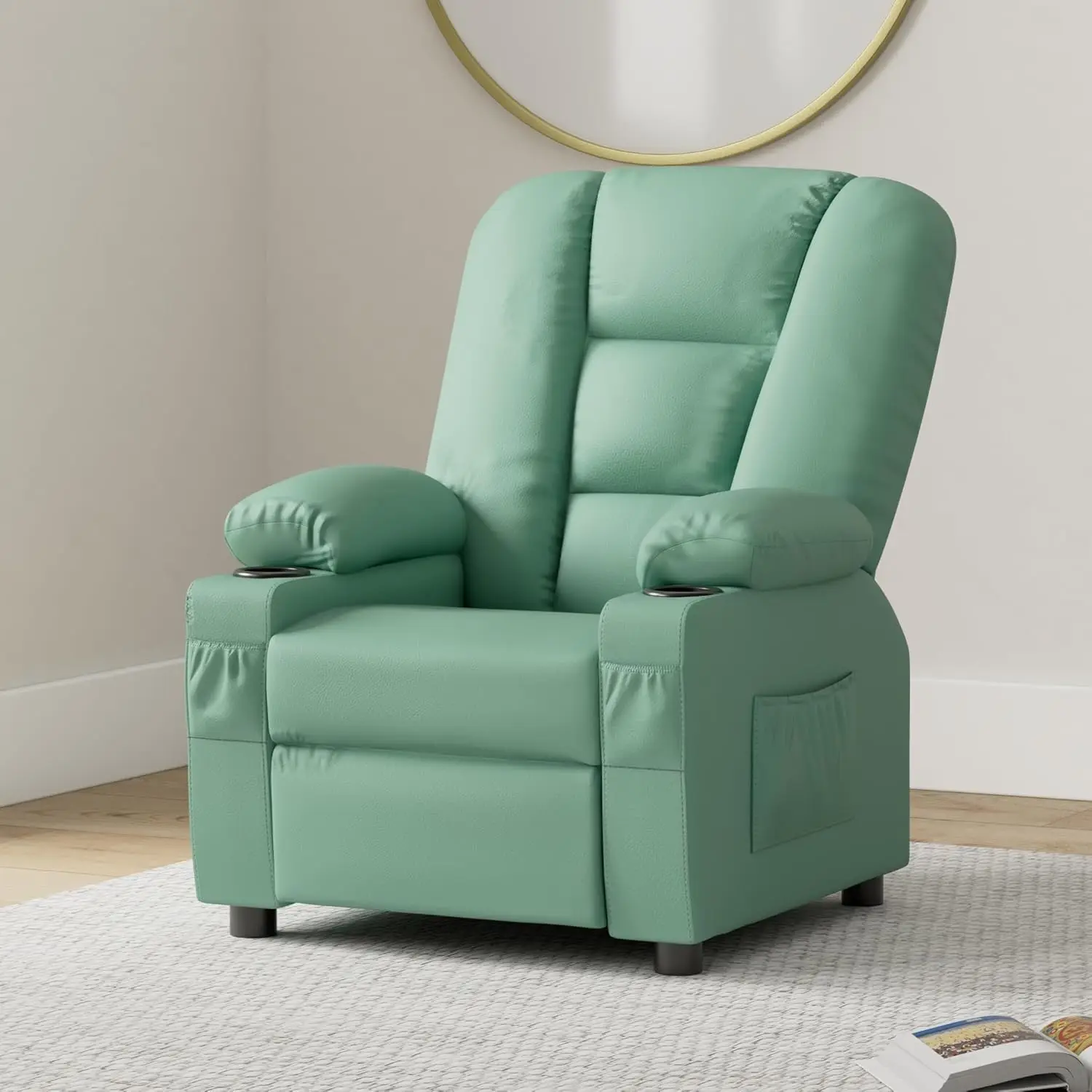 Sillón reclinable para niños de 3 años, silla reclinable para niños, sofá reclinable para niños pequeños con portavasos, piel sintética, 7322 (menta Gr