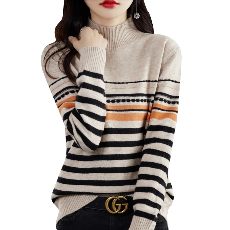 Women New Pure Wool Soft Sweater Half-high Collar Color Strip Pullover Autumn Winter Casual Versatile Knit Base Shirt Warm Top