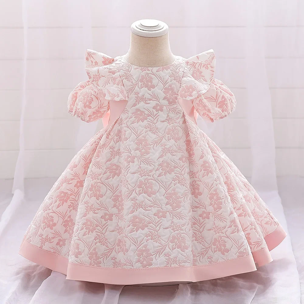 

Pink Floral Baby Dress Ruffle Sleeve Puffy Bow Party Dresses For Girls Autumn Christmas One Piece Kids Toddler Clothes 0 to 12M