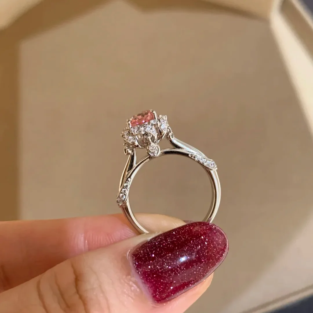 Women Sparkling Oval Paparachia Zircon Ring Floral Surrounded Halo Bow Twist Shank Statement Wedding Party Fashion Jewelry Gift