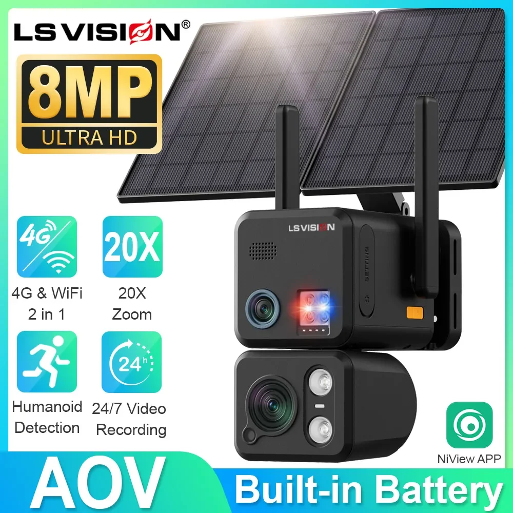 LS VISION 20-fach Zoom 4K Dual-Objektiv Dual-Bildschirm AOV 4G&WLAN Solarbetriebene Akku-PTZ-Kamera mit KI-Personenerkennung CCTV für Villen