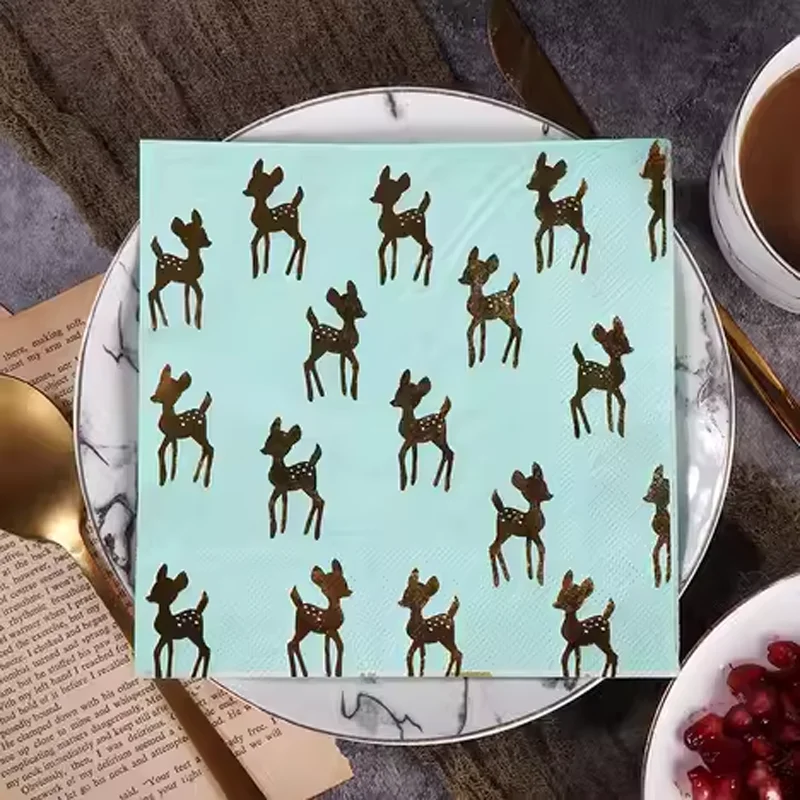 

Three-Layer Hot Stamping Printed Napkins, Christmas Printed Decorative Napkins, Customizable Patterns, Sika Deer Color, 100Pcs