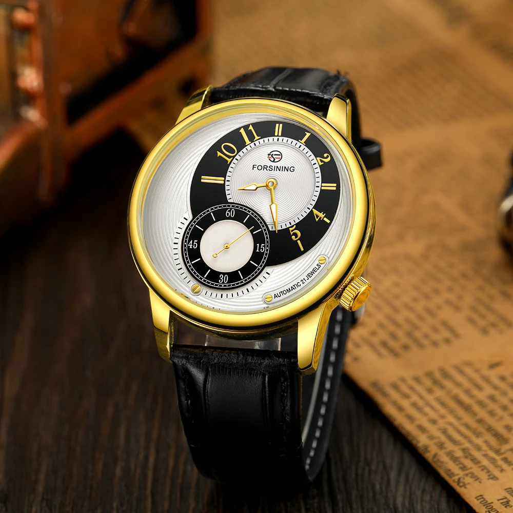 Fashion Forsining Top Brand Luxury Golden Case Creative Dial Man Mechanical Stylish Leather Self-winding Watch Relogio Masculino