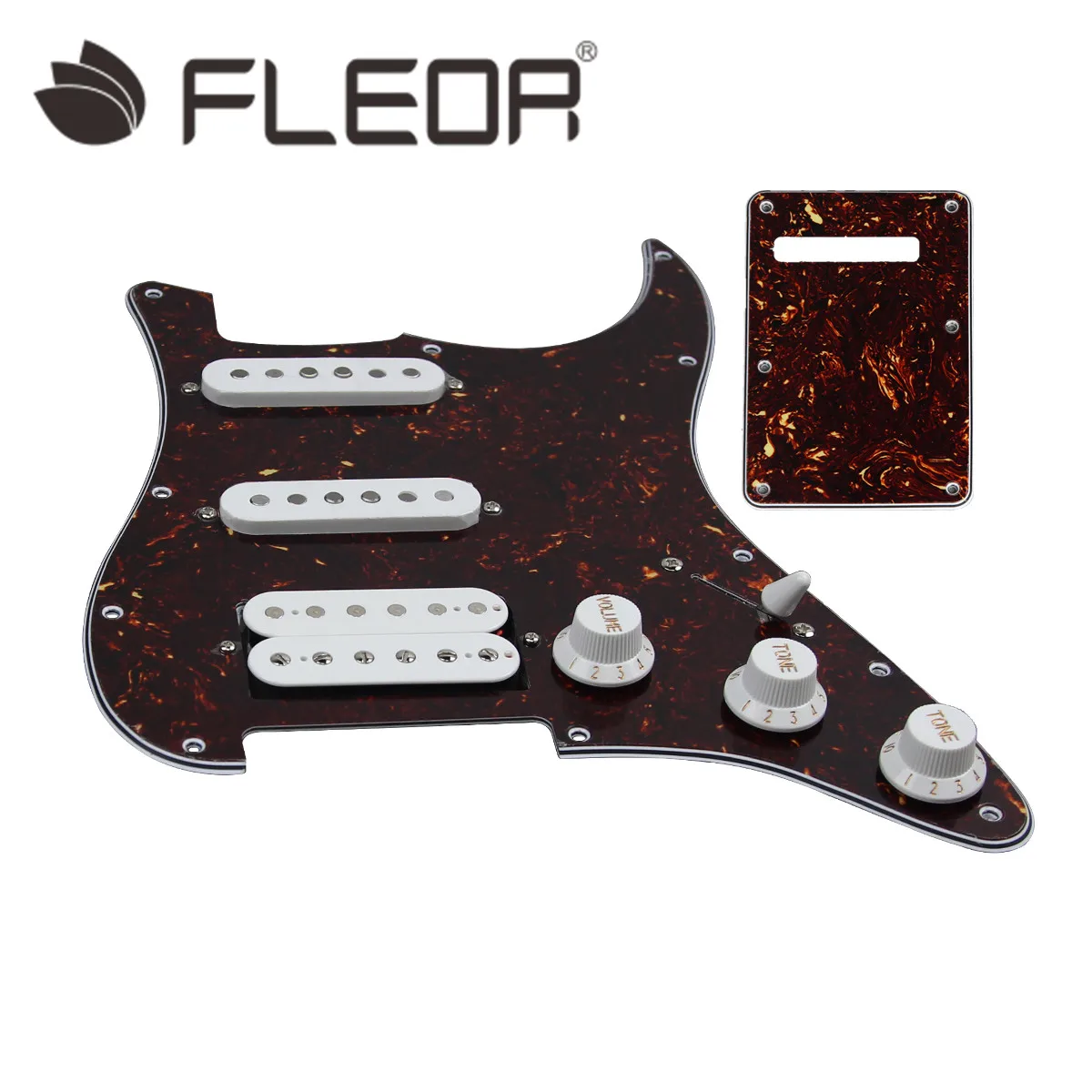 

FLEOR SSH HSS Loaded Prewired Guitar Pickguard Alnico 5 Pickups+ Back Plate for FD ST Guitar Parts Brown Tortoise