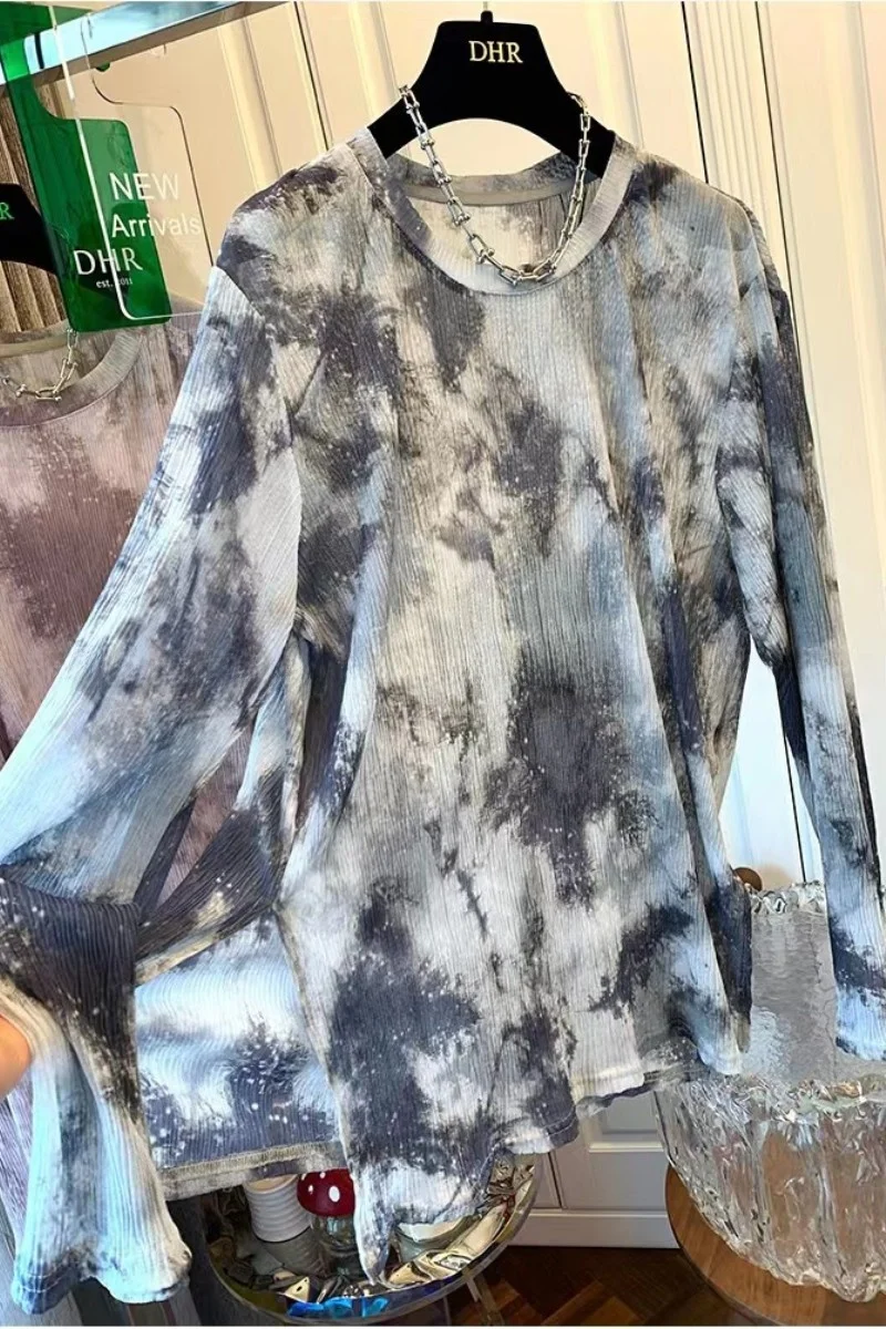 Plus Size 300Pou Dames Long Sve T-shirt Dyed Me Base irt Zomer Losse Zonbescherming Top Trendy ronde Ne Print