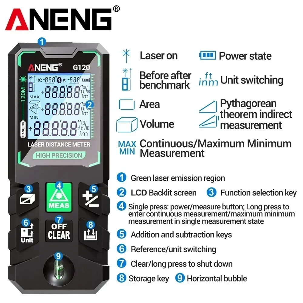 ANENG G50/G70/G100/G120 Smart High-precision Laser Rangefinder 30 Set of Data Storage Autonomous Calibration Multi-function Tool