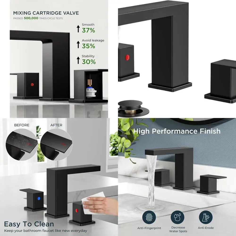 

8 Widespread Matte Black Waterfall Bathroom Sink Faucet with 3 Holes, Metal Pop-Up Drain & Supply Lines