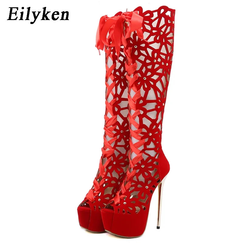 EilyKen Ankle Lace-up Open Toe Flowers Women Boots Sandals Sexy Big Red Wedding Party High Heels Ladies Fashion Shoes - view 2