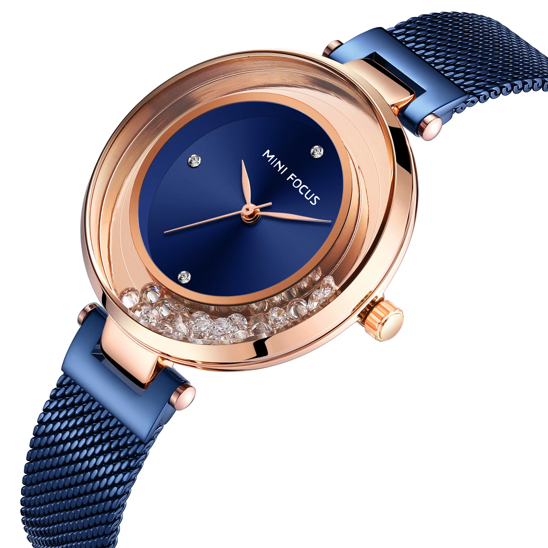 MINI FOCUS MF0254L Unique Design Diamonds Dial Watch Fashion Waterproof Mesh Stainless Steel Band Women Quartz Watches