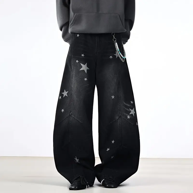 مع جيوب بنطلون أسود نجمة مستقيم الساق السراويل للنساء عالية الخصر النار المرأة الجينز الاتجاه 2025 السراويل