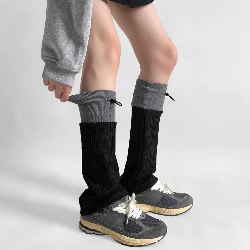 1 pair Middle Tube Leg Warmers Gray Spliced Adjustable Buckle Calf Socks Drawstring Closure Breathable Boot Cuffs Autumn Winter