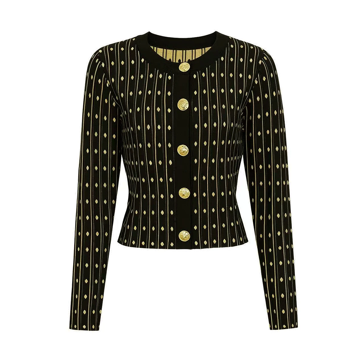 26259 Hochwertige Neue Modische Elegante Strickjacke für Damen mit Goldstreifen und Tupfenmuster, Langarm-Cardigan