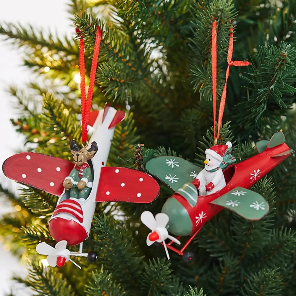 Christmas Vintage Metal Airplane Hanging Pendant Snowman Doll Hanging Ornament Dual Use for Tree Hanging Tabletop Display