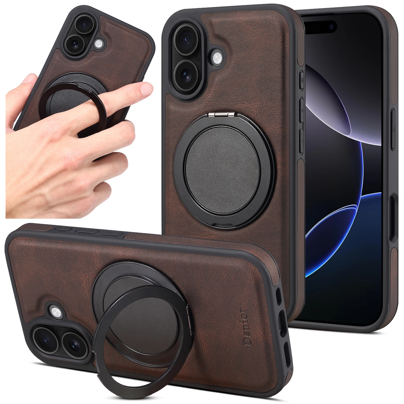 Handyhülle 360 ° Drehbarer Ständer mit Kunstleder-Ringverschluss für iPhone 18 Pro Max 17 Air 16 Plus 15 14 13 12 – Detail 5