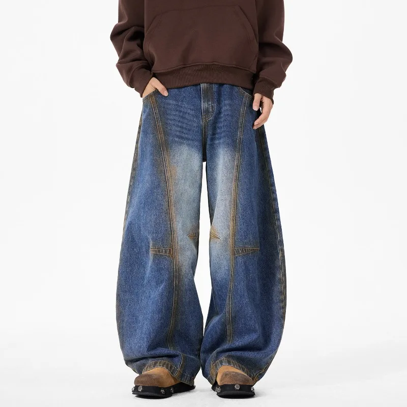 American Style Letter Print Men's Jeans High Street Washed Dirty Blue Denim Long Pants Loose Chic Casual Wide Leg Trousers
