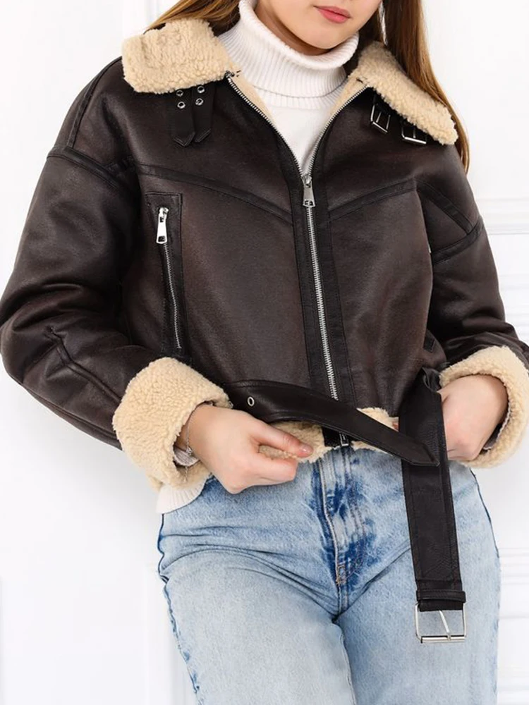 Ailegogo streetwear feminino vintage solto curto falso pele de cordeiro jaqueta outono inverno feminino moto biker casaco com zíper chique outwear