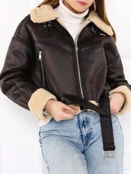 Ailegogo-Jaqueta vintage de pele de cordeiro falso para mulheres, streetwear curto solto, casaco feminino, zíper moto biker, outwear chique, outono e inverno