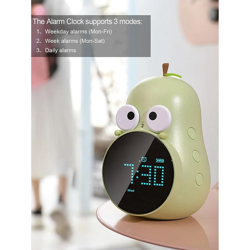 Alarm Clock For Kids Cute Pear Design, Snooze, Triple Alarms, 5 Ringtones- Digital Wake Up Clock Rechargeable Durable Pink