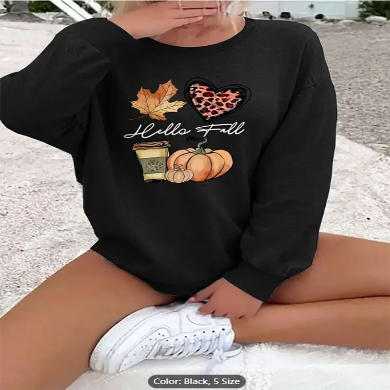 Cozy Fleece Crew Neck Sweatshirt with Autumn-Themed Print-Hello Fall Design Pumpkins & Leaves Long Sleeve Pullover