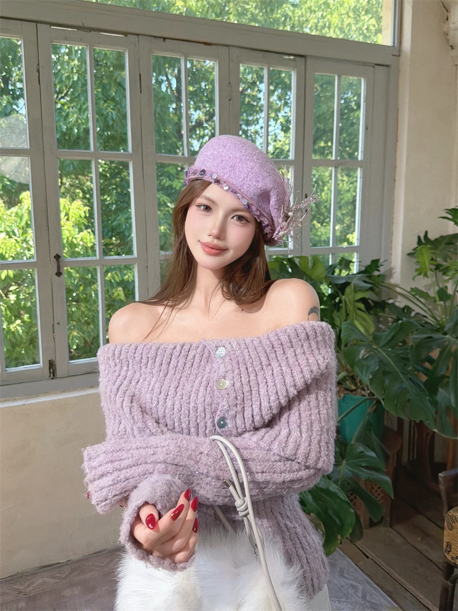 original-creampp-wool-beret-hat-shadow-fairy-trace-bead-snowflake-mixed-purple-side-fold-spring-autumn-win