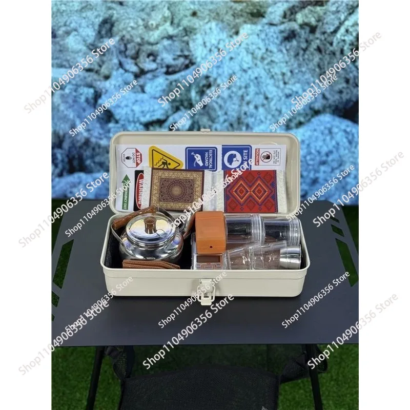 for  suitcase, storage box with stickers, portable toolbox with tea set, toolbox with kettle, cup and stove.