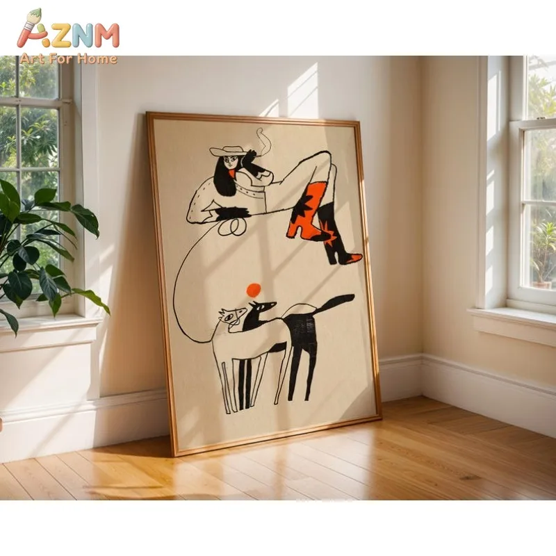 AZNM Abstract Line Cowgirl Canvas Wall Art Orange Cowboy Boots Horse Dog Minimalist Retro Western Print Unframed Canvas Modern B