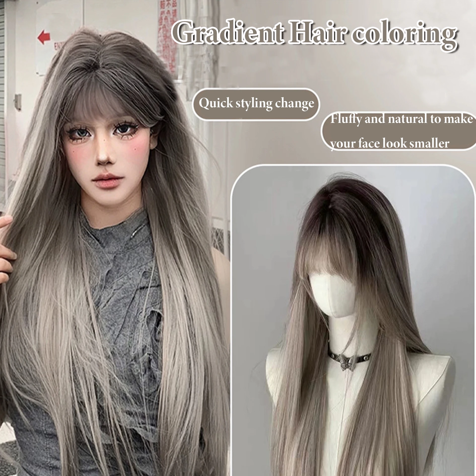 synthesize  female Asian gradient highlights, European and American style, long straight hair, daily top top covering