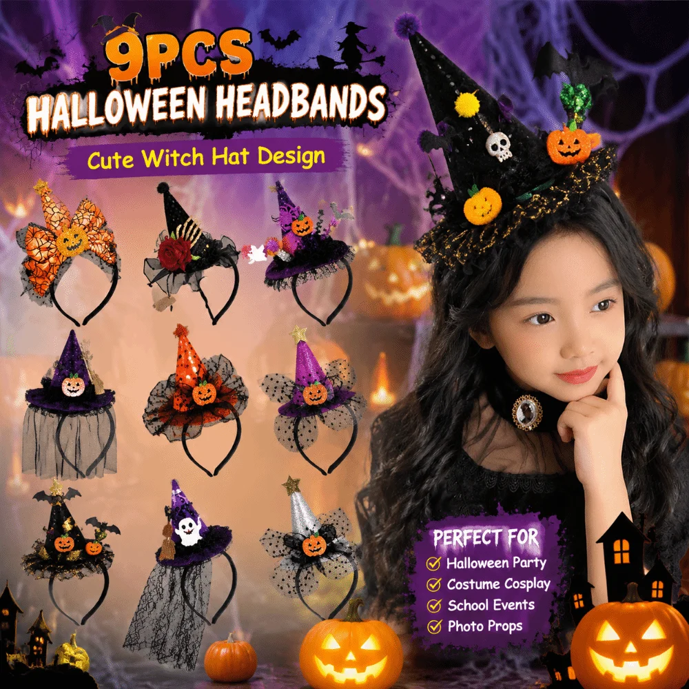 Pointed Hat Halloween Headband Pumpkin Ghost Dress Up Witch Hat Hairband Cosplay Props Lace Ribbon ‌Children's Hair Hoop‌