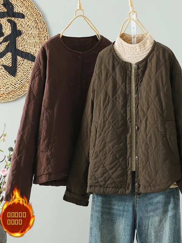 معطف شتوي فضفاض كاجوال للسيدات من القطن من Thiened معطف شتوي طويل Sve مستدير Ne بزر إغلاق ملون