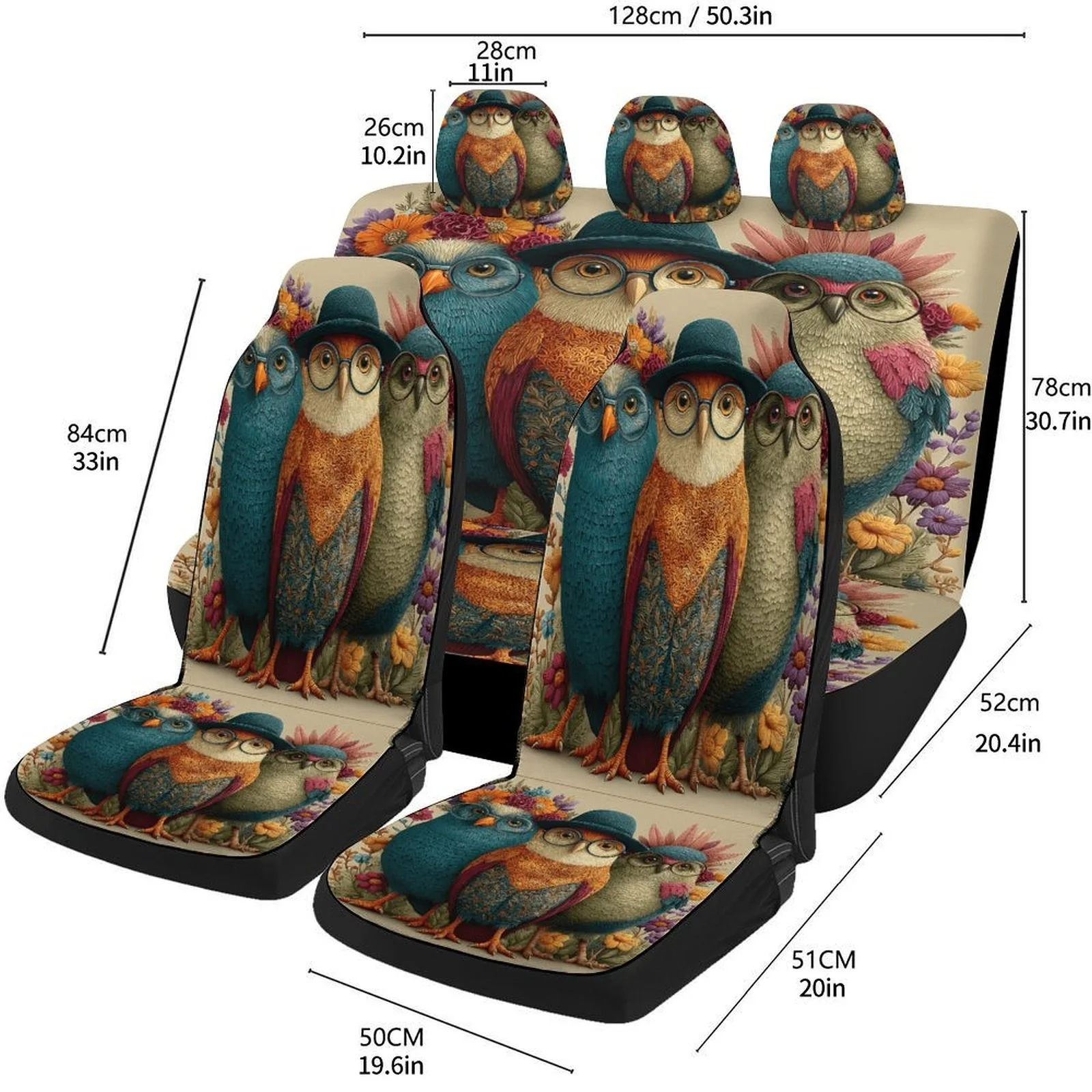 Set Of Car Covers Featuring An Owl Trio Design, Suitable For Various Vehicles. Stylish And Breathable, These Decorative Covers P