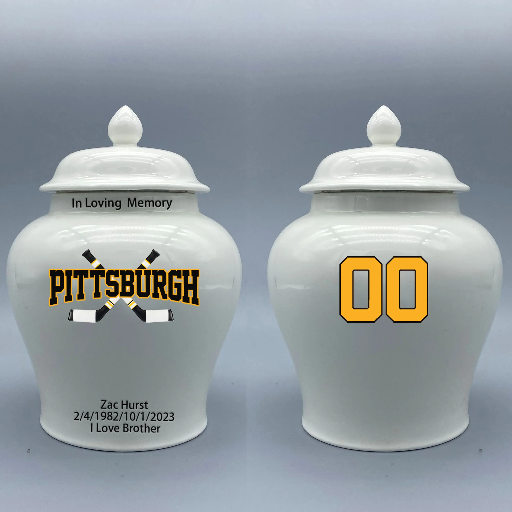 

Medium Urn for Pittsburgh Penguins-themed Hockey Urn.Please send me the customize information-name/date and number on the urn