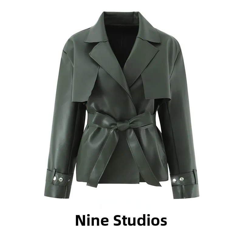Chaqueta de Cuero PU de Manga Larga para Mujer NINE ZAR con Cinturón Ajustable en la Cintura, Cuello con Muescas y Diseño de Lazo, Moda Primavera para Damas