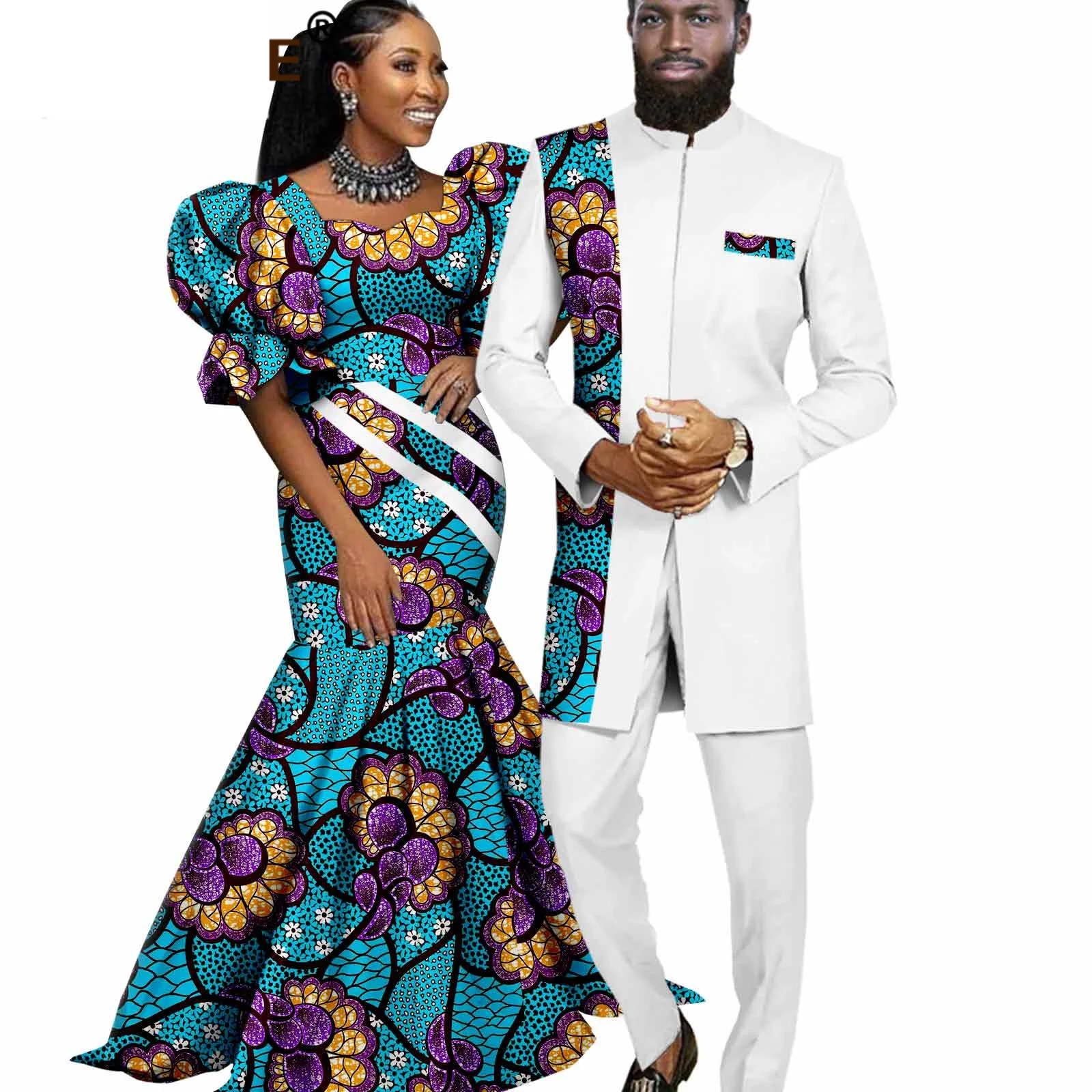 African Couple Matching Clothes for Wedding Women Maxi Mermaid Dress Bazin Riche Men Africa Traditional Wedding Party Outfits