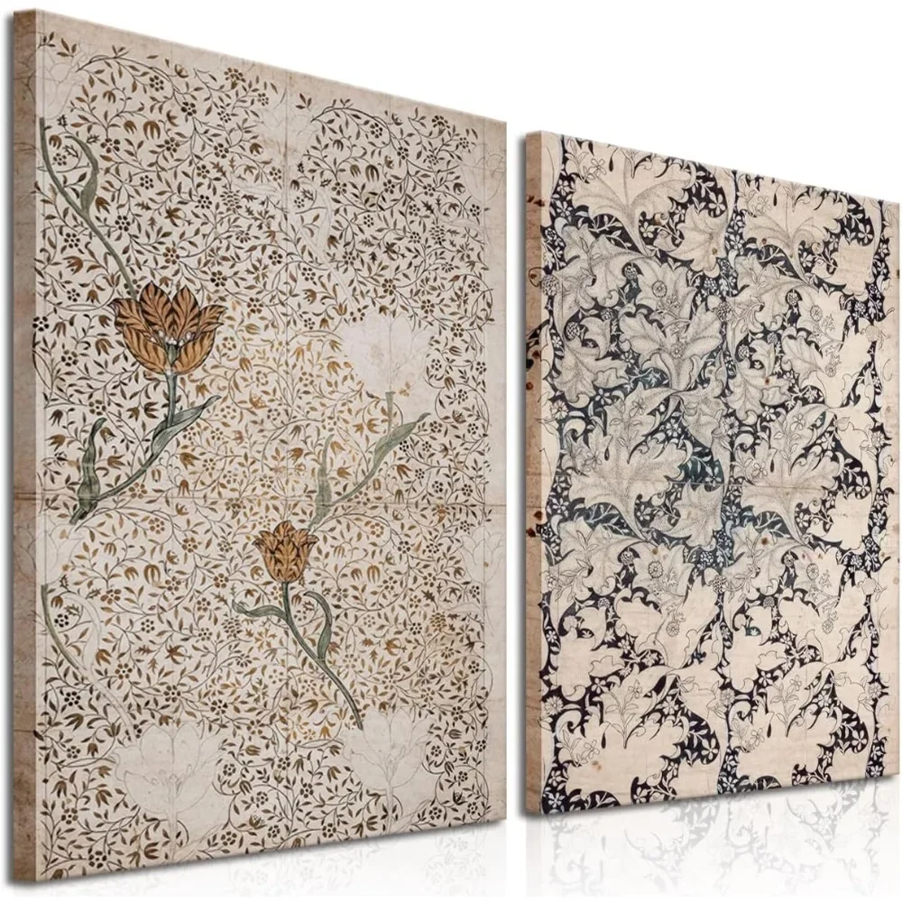 

Framed Botanical Canvas Wall Art Set of 2, Neutral Vintage Flowers Posters Prints