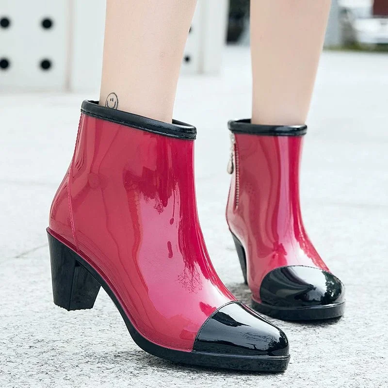 Rain Boots Luxury Designer Women Chunky Heels Rubber Shoes Waterproof Pvc Garden Work Galoshes Ankle Boot Rainshoes Footwear2023